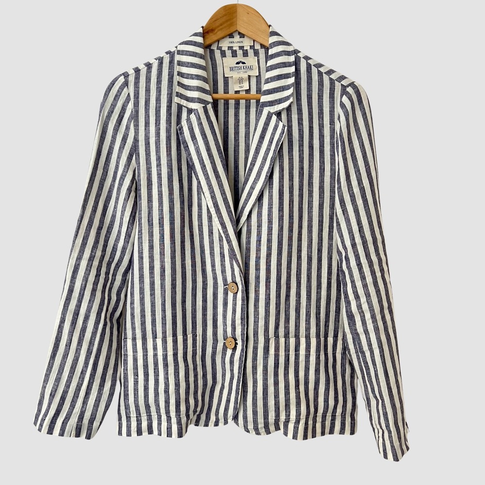 British Khaki Blue/White Linen Stripe Two Button Blazer M